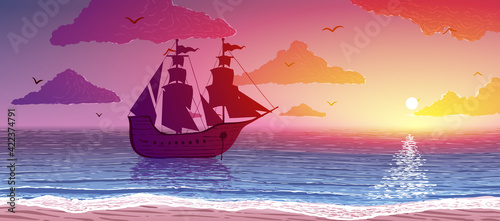 Vector illustration. Silhouette of ship at ocean coast.