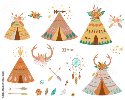 Teepee tents and arrows collection. Native american teepee set, flowers, horns, dreamcather hipster summer adventure