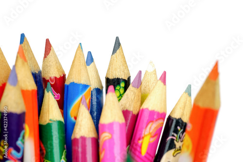 Color pencils on white background.Drawing supplies: many different colored pencils.	