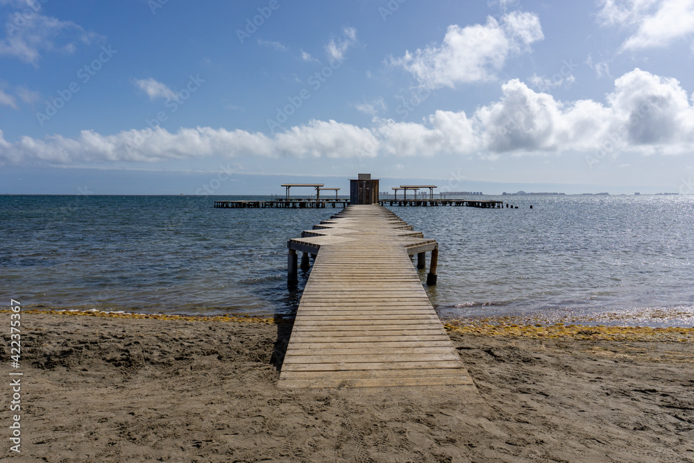 wooden boardwalk leading out into the ocean to a public bath installation