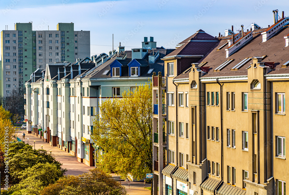 Panoramic view of Ursynow residential district along KEN and Pasaz Ursynowski streets of Stoklosy quarter of Warsaw, Poland - obrazy, fototapety, plakaty 