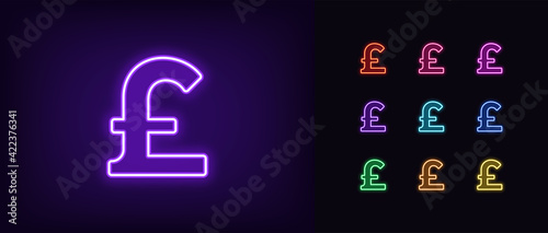 Neon pound sterling icon. Glowing neon pound sign, outline money symbol