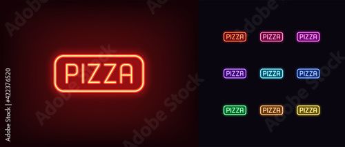 Neon pizza icon. Glowing neon pizza sign, outline text signboard