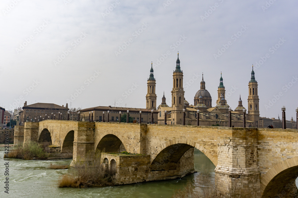 view of the historic cathedral in Zaragoza and the Ebro River