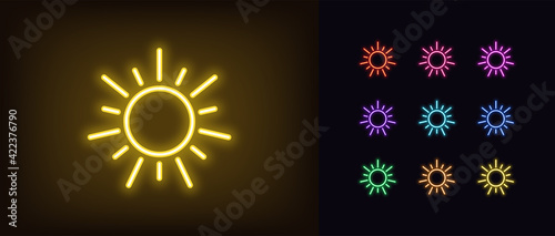 Neon sun icon. Glowing neon sun sign, outline solar energy symbol