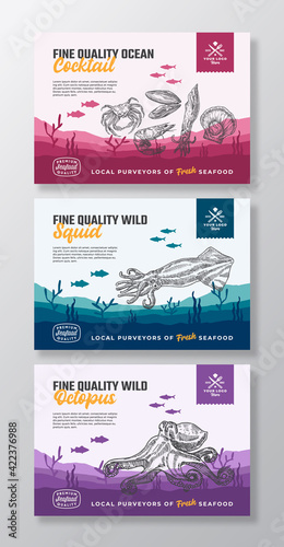 Fine Quality Organic Seafood. Abstract Vector Food Packaging Labels Set. Modern Typography and Hand Drawn Octopus, Squid and Crab Silhouettes. Sea Bottom Landscape Background Layout with Banner