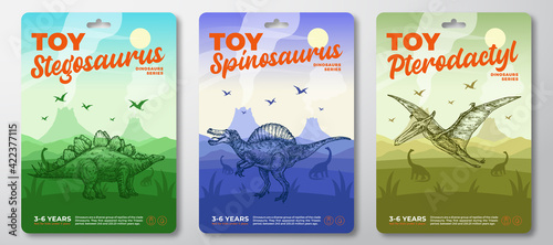 Dinosaur Labels Template Set. Abstract Vector Toys Packaging Design Layouts Collection. Modern Typography with Prehistoric Volcano Landscape and Hand Drawn Dinosaurus Sketch Background. Isolated