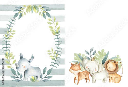Photography Safari animals illustration  invitation template frame elephant lion tiger