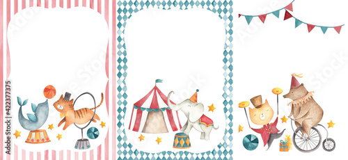 Circus watercolor illustration invitation frame template  photo