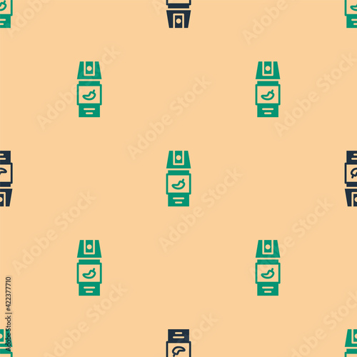 Green and black Pepper spray icon isolated seamless pattern on beige background. OC gas. Capsicum self defense aerosol. Vector