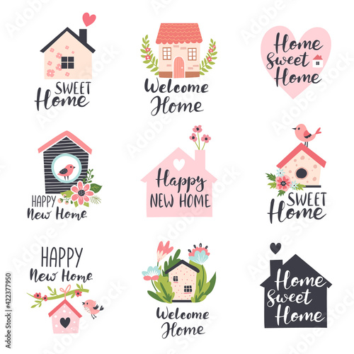 Family house logo design concepts, real estate icons, home decor store emblems with spring flowers and calligraphy text. Hand drawn vector illustration. photo