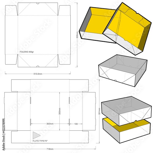 Cake Box and Die-cut Pattern. (Internal measurement 30 x 30 + 10 cm). The .eps file is full scale and fully functional. Prepared for real cardboard production.