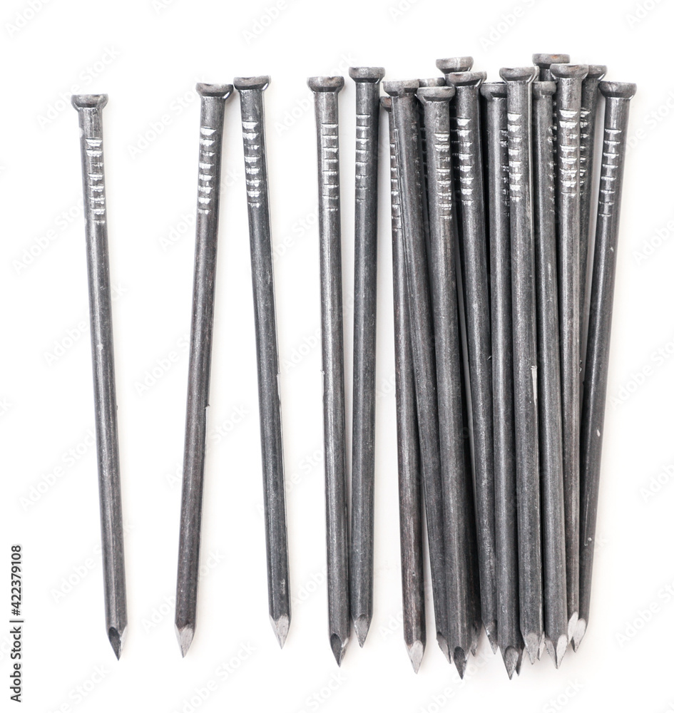 Metal nails on white background, isolated. The view from top Metal nails on white background, isolated. The view from top