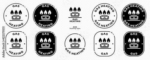 Product packaging concept. Marking - gas type of heating. Gas burner flat symbol with flame for kitchen utensils, accessories and household appliances. Vector elements.