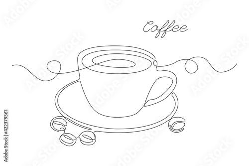 Continuous one line drawing of cup coffee with coffee bean. Simple modern line art for menu, logo, cafe, emblem, banner, card, prints, tattoos, posters. Vector illustration