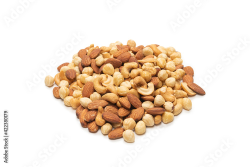 Mix of nuts isolated on white background. Top view.