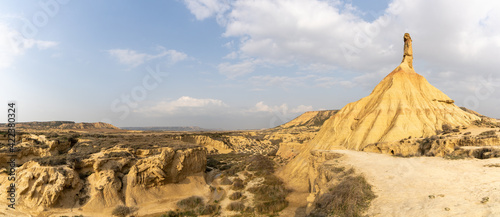 panorama view of the Castildetierra cliff and desert grasslands in the Bardenas Reales desert in northern Spain