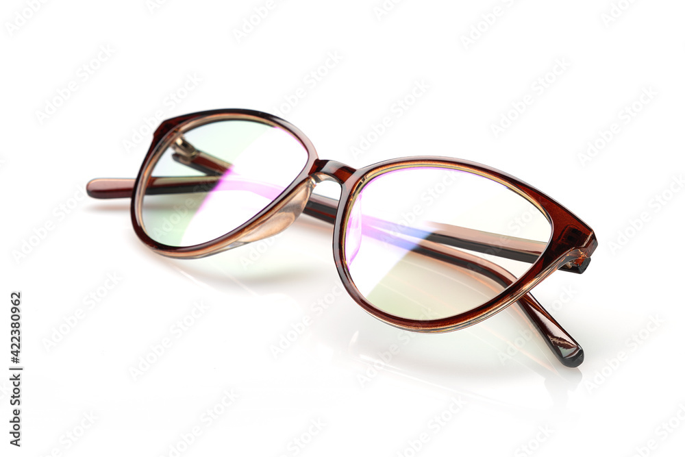 Glasses in a plastic frame, with transparent glasses, on a light background Glasses in a plastic frame, with transparent glasses, on a light background