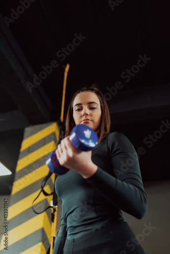 Sporty young woman with dumbbells flexing muscles in gym.