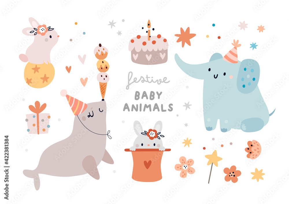 Obraz premium Festive baby animals. Circus animal. Cute elephant, sea seal, bunny, rabbit with party decoration elements. Cartoon vector illustration for kids. Ideal for cards, poster, prints, anniversary