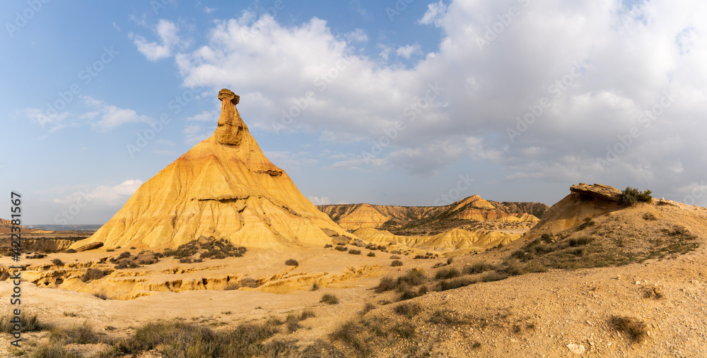 view of the Castildetierra cliff and desert grasslands in the Bardenas Reales desert in northern Spain