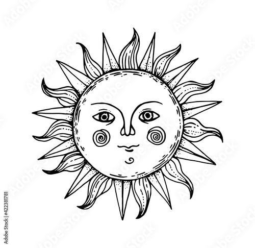 Mystical sun illustration. Hand drawn sketch. Amon ra god. Pagan symbol. Vector illustration.