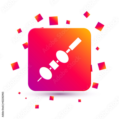 White Olive and cheese on chopstick icon isolated on white background. Canape, tapas with cheese and olive. Square color button. Vector