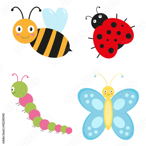 Bee, ladybug, butterfly and caterpillar on a white background © Maryna