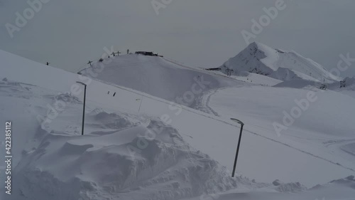 Moving ski lifts and Panorama of the Alpika Ski Resort, Priyut Vetrov in Krasnaya Polyana, Sochi, Russia. photo