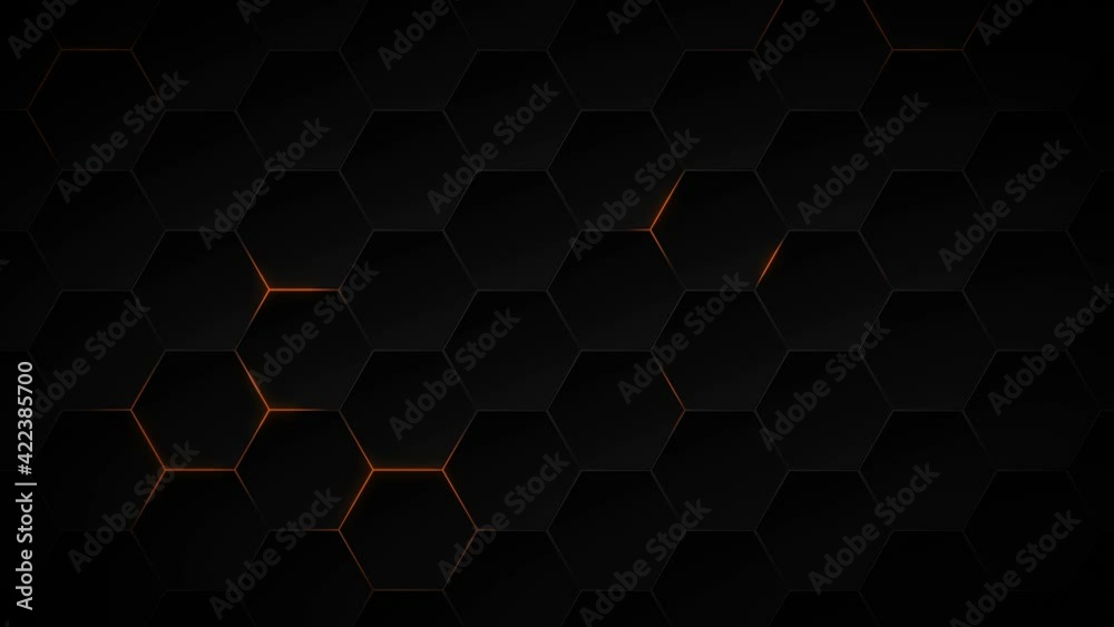 Abstract dark hexagon pattern on orange neon background technology style. Modern futuristic honeycomb concept.