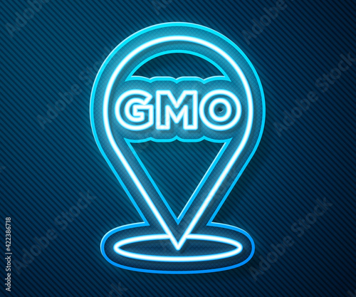 Glowing neon line GMO icon isolated on blue background. Genetically modified organism acronym. Dna food modification. Vector