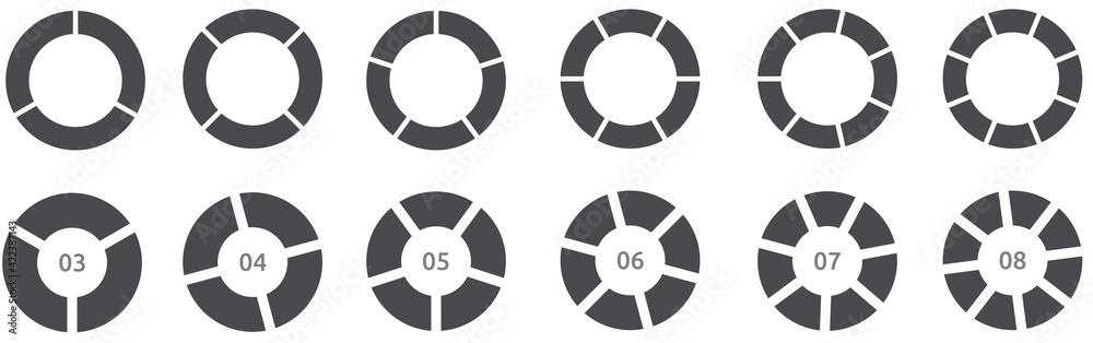 Circle divided into equal parts, multiple versions with three to eight separations Circle divided into equal parts, multiple versions with three to eight separations
