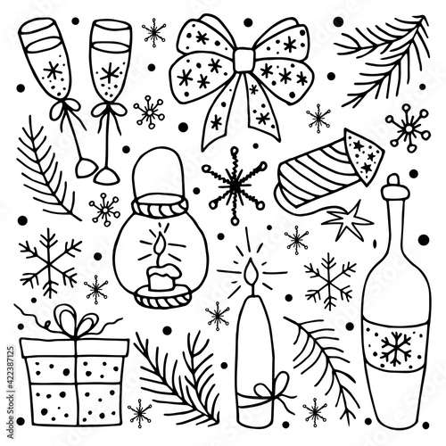 Set of Christmas and New Year celebration elements. Doodle outline. Vector illustration.