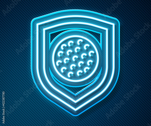 Glowing neon line Golf ball with shield icon isolated on blue background. Vector