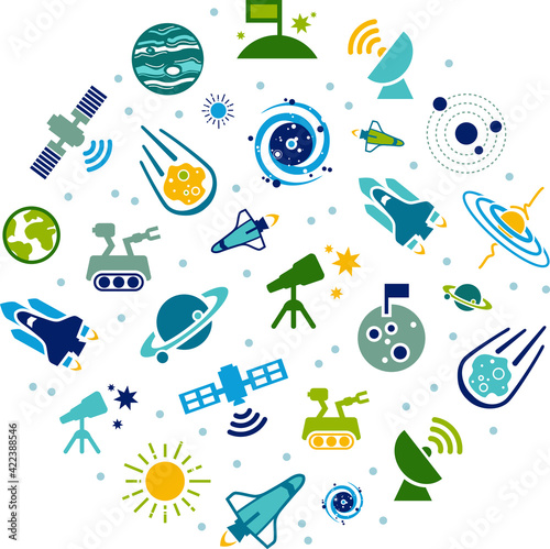 astronomy vector illustration. Colourful concept with icons related to outer space, cosmic exploration, cosmology, the universe, natural science, education and technology. 