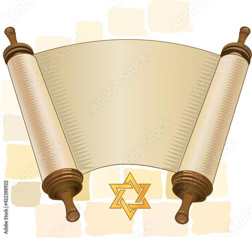 papyrus on a white background. Scroll paper. Cartoon image of the Torah in the unfolded state.