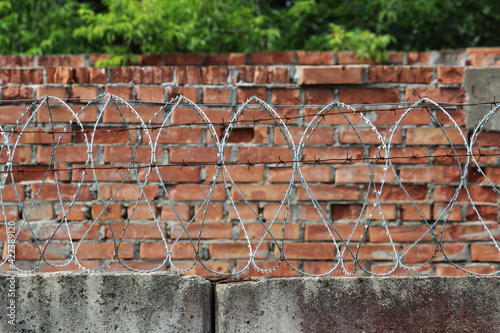 barbed wire on a brick wall background. Prison and freedom concept.