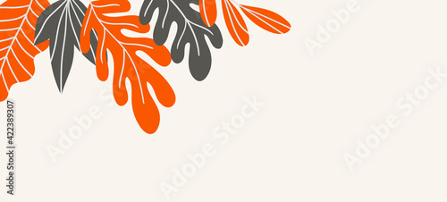 Floral web banner with drawn color exotic leaves. Nature concept design. Modern floral compositions with summer branches. Vector illustration on the theme of ecology, natura, environment