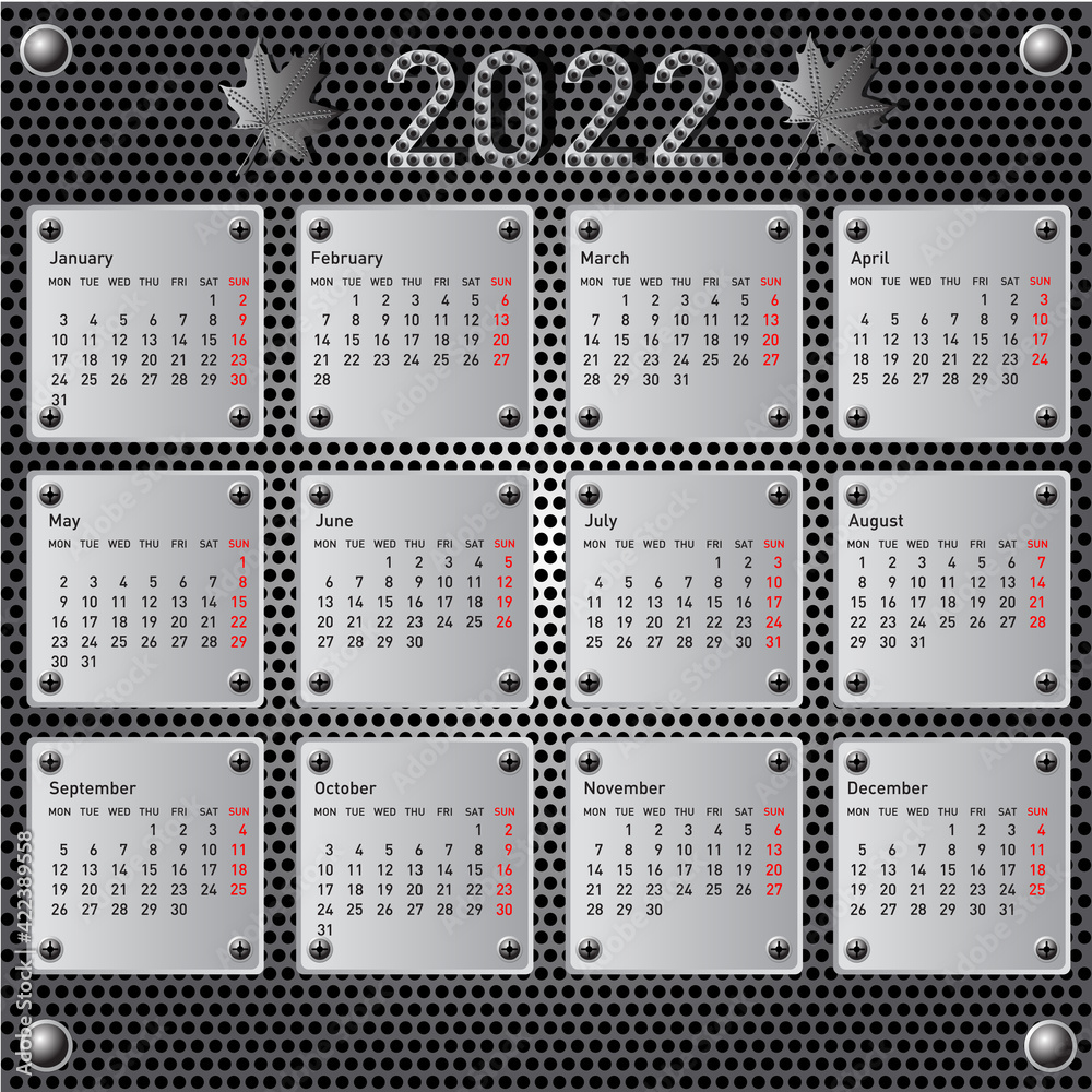 Stylish calendar with metallic effect for 2022 Stylish calendar with metallic effect for 2022