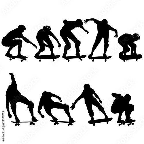 Set black silhouette of an athlete skateboarder in a jump