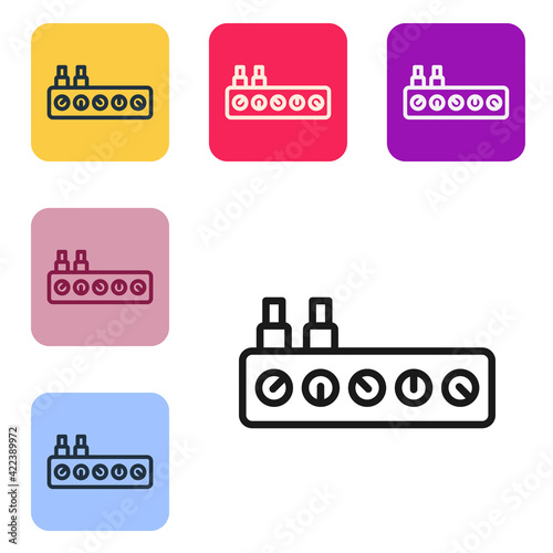 Black line Sound mixer controller icon isolated on white background. Dj equipment slider buttons. Mixing console. Set icons in color square buttons. Vector
