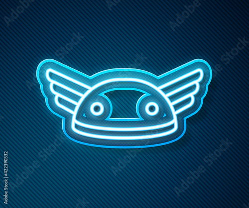 Glowing neon line Helmet with wings icon isolated on blue background. Greek god Hermes. Vector