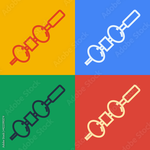 Pop art line Olive and cheese on chopstick icon isolated on color background. Canape, tapas with cheese and olive. Vector