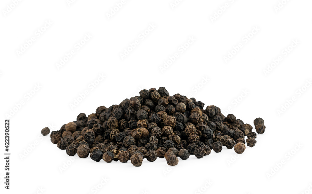 Pile of Black pepper corns seeds isolated on white background. Pile of Black pepper corns seeds isolated on white background.