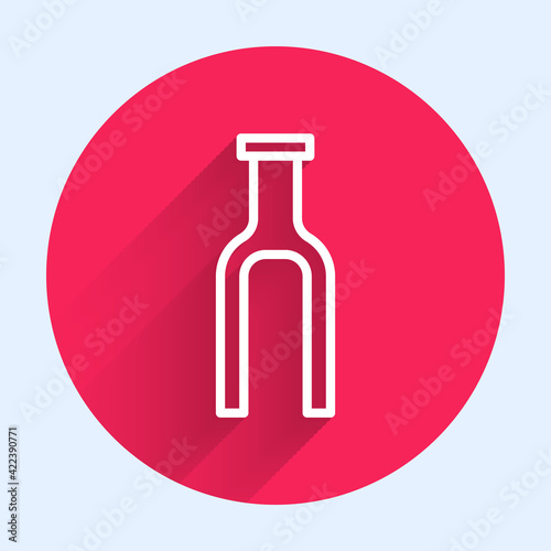 White line Bicycle suspension fork icon isolated with long shadow. Sport transportation spare part steering wheel. Red circle button. Vector