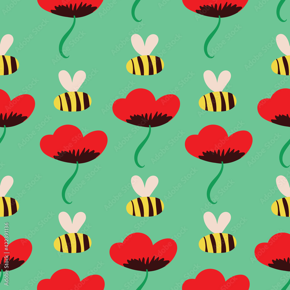 bright poppies and bees seamless vector pattern bright poppies and bees seamless vector pattern