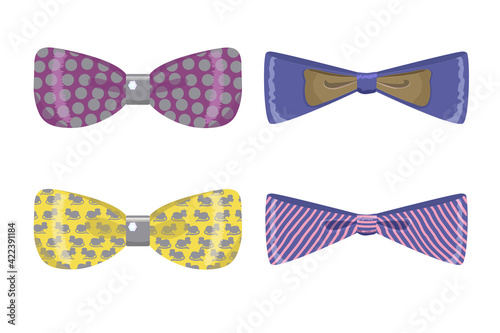 A set of different decorative bow ties. Bows made of satin ribbons. Decorations for labels, gifts, and invitations. Isolated on a white background. Vector illustration