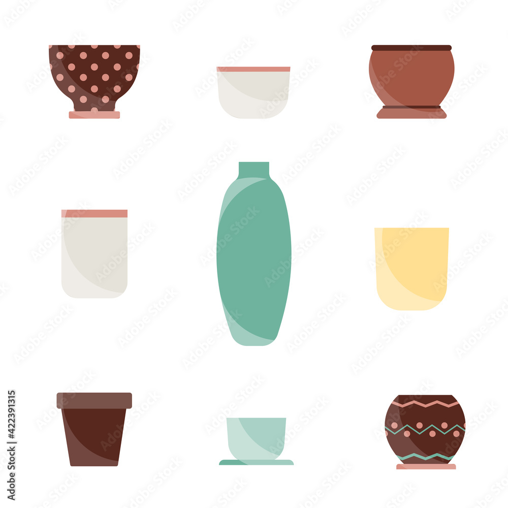 Flower pot set Vector illustration in flat design Different ceramic pots with pattern and in minimal style isolated on white background