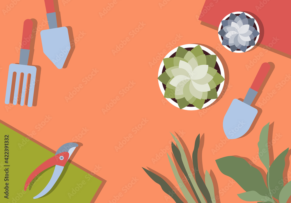 Gardening Vector illustration in flat design Top view poster template with plants, shovel, pruner, rake on orange table