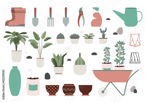 Home garden Vector icons set in flat design Garden tools, plants and flowers in pots. Trendy domestic hobby elements isolated on white backdrop